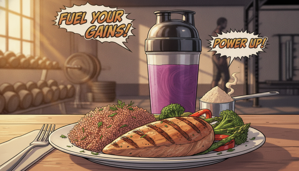 A dynamic and inspiring scene depicting a protein-rich meal designed for muscle gain and strength training. In the foreground, a large, visually appealing plate featuring grilled chicken breast, quinoa, and an array of colorful vegetables, garnished with fresh herbs. The middle ground showcases a sleek stainless steel shaker bottle filled with a vibrant protein shake, alongside a portion of protein powder in an elegant scoop. In the background, a gym setting is subtly visible, with weights and a barbell, emphasizing the connection to strength training. Soft, natural lighting casts a warm glow, highlighting the textures of the food while creating a motivational atmosphere. The scene conveys health, vitality, and the importance of balanced nutrition for muscle growth, inviting viewers to embrace their fitness journey. A dynamic and inspiring scene depicting a protein-rich meal designed for muscle gain and strength training. In the foreground, a large, visually appealing plate featuring grilled chicken breast, quinoa, and an array of colorful vegetables, garnished with fresh herbs. The middle ground showcases a sleek stainless steel shaker bottle filled with a vibrant protein shake, alongside a portion of protein powder in an elegant scoop. In the background, a gym setting is subtly visible, with weights and a barbell, emphasizing the connection to strength training. Soft, natural lighting casts a warm glow, highlighting the textures of the food while creating a motivational atmosphere. The scene conveys health, vitality, and the importance of balanced nutrition for muscle growth, inviting viewers to embrace their fitness journey.