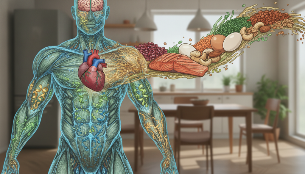 A dynamic illustration capturing the essential role of protein in the human body. In the foreground, an anatomically correct model of a human figure made up of vibrant protein chains and molecules, showcasing vital organs enhanced with glowing protein structures. In the middle ground, diverse sources of protein such as beans, fish, eggs, and nuts artistically arranged, symbolizing dietary inclusion. The background features a soft-focus representation of a kitchen or dining space, bathed in warm, natural light, evoking a sense of health and vitality. The scene conveys an atmosphere of education and wellness, with a harmonious color palette emphasizing greens, blues, and soft earth tones. The perspective is slightly angled from below to give depth, inviting viewers to appreciate the intricate role protein plays in overall health without any text overlays or distractions. A dynamic illustration capturing the essential role of protein in the human body. In the foreground, an anatomically correct model of a human figure made up of vibrant protein chains and molecules, showcasing vital organs enhanced with glowing protein structures. In the middle ground, diverse sources of protein such as beans, fish, eggs, and nuts artistically arranged, symbolizing dietary inclusion. The background features a soft-focus representation of a kitchen or dining space, bathed in warm, natural light, evoking a sense of health and vitality. The scene conveys an atmosphere of education and wellness, with a harmonious color palette emphasizing greens, blues, and soft earth tones. The perspective is slightly angled from below to give depth, inviting viewers to appreciate the intricate role protein plays in overall health without any text overlays or distractions.