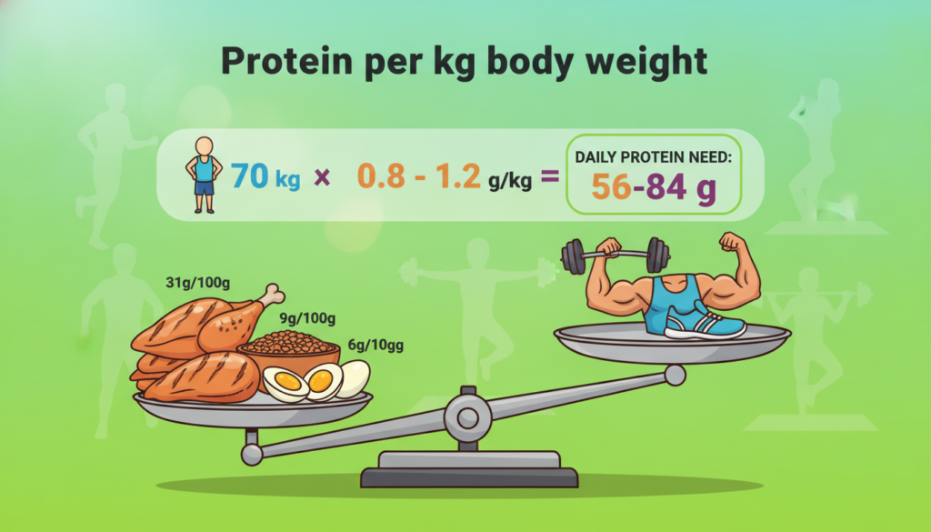 A visually engaging infographic illustrating "protein per kg body weight." In the foreground, display a dynamic scale balanced with colorful protein sources such as chicken breast, lentils, and eggs, each labeled with their protein content. In the middle, a clear graphic showing the mathematical formula for calculating daily protein needs, with colorful icons representing body weight. In the background, a gradient of vibrant greens and blues for a healthy feeling, with faint outlines of active individuals in professional athletic clothing engaging in various healthy lifestyle activities like jogging and weightlifting. Soft, natural lighting creates a welcoming atmosphere, emphasizing a sense of health and vitality, perfect for a lifestyle article. No text or overlay should be present, ensuring a clean and informative visual representation. A visually engaging infographic illustrating "protein per kg body weight." In the foreground, display a dynamic scale balanced with colorful protein sources such as chicken breast, lentils, and eggs, each labeled with their protein content. In the middle, a clear graphic showing the mathematical formula for calculating daily protein needs, with colorful icons representing body weight. In the background, a gradient of vibrant greens and blues for a healthy feeling, with faint outlines of active individuals in professional athletic clothing engaging in various healthy lifestyle activities like jogging and weightlifting. Soft, natural lighting creates a welcoming atmosphere, emphasizing a sense of health and vitality, perfect for a lifestyle article. No text or overlay should be present, ensuring a clean and informative visual representation.
