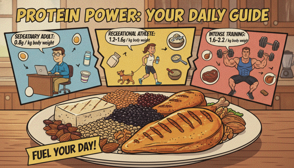 A visually engaging infographic showcasing the daily protein requirements for adults influenced by varying activity levels. In the foreground, a stylish plate filled with diverse sources of protein, including grilled chicken, tofu, legumes, and nuts, artistically arranged. The middle layer features illustrations of figures in professional and active outfits representing different activity levels: a sedentary office worker, a recreational athlete, and a dedicated fitness enthusiast, each surrounded by icons of protein-rich foods. In the background, a softly blurred kitchen setting with warm lighting complements the mood of health and wellness. The image is shot from a slightly elevated angle, emphasizing the vibrant colors of the protein sources and creating an inviting atmosphere for readers focused on nutritional awareness. A visually engaging infographic showcasing the daily protein requirements for adults influenced by varying activity levels. In the foreground, a stylish plate filled with diverse sources of protein, including grilled chicken, tofu, legumes, and nuts, artistically arranged. The middle layer features illustrations of figures in professional and active outfits representing different activity levels: a sedentary office worker, a recreational athlete, and a dedicated fitness enthusiast, each surrounded by icons of protein-rich foods. In the background, a softly blurred kitchen setting with warm lighting complements the mood of health and wellness. The image is shot from a slightly elevated angle, emphasizing the vibrant colors of the protein sources and creating an inviting atmosphere for readers focused on nutritional awareness.