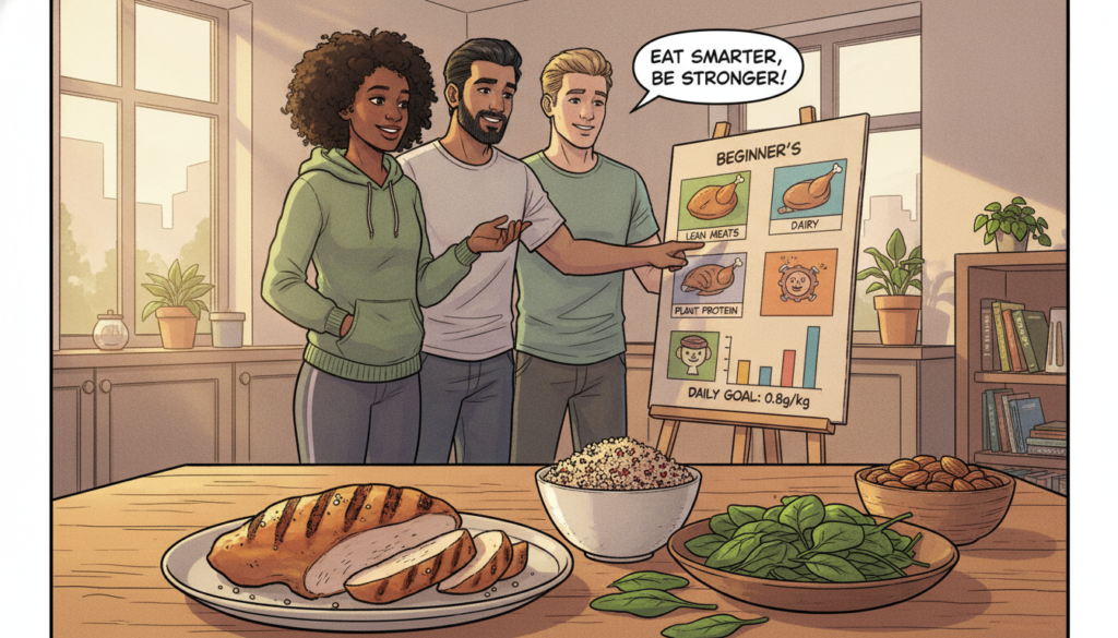 A visually informative scene depicting a beginner's protein intake. In the foreground, a neatly arranged table features various protein-rich foods: grilled chicken breast, a bowl of quinoa, a handful of almonds, and fresh spinach, all vibrant and appetizing. In the middle ground, a diverse group of individuals in modest casual clothing—two men and one woman—are engaged in a friendly discussion, looking at a colorful chart displaying recommended protein portions and sources. Behind them, a well-lit kitchen setting with natural light streaming in through a window, plants and nutrition books subtly enhancing the atmosphere. The mood is encouraging and motivational, emphasizing a healthy lifestyle journey with warm, inviting colors and soft shadows that convey a sense of friendly guidance. A visually informative scene depicting a beginner's protein intake. In the foreground, a neatly arranged table features various protein-rich foods: grilled chicken breast, a bowl of quinoa, a handful of almonds, and fresh spinach, all vibrant and appetizing. In the middle ground, a diverse group of individuals in modest casual clothing—two men and one woman—are engaged in a friendly discussion, looking at a colorful chart displaying recommended protein portions and sources. Behind them, a well-lit kitchen setting with natural light streaming in through a window, plants and nutrition books subtly enhancing the atmosphere. The mood is encouraging and motivational, emphasizing a healthy lifestyle journey with warm, inviting colors and soft shadows that convey a sense of friendly guidance.
